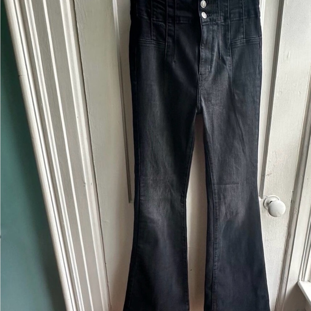 Free People Jayde High Rise Flare Jeans in Onyx Black - Picture 2 of 5
